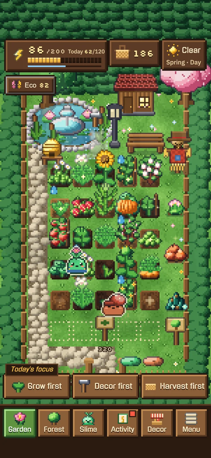 VibeMon garden: slime gardeners tending rows of plants